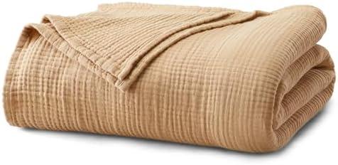 100% Cotton Muslin Full Queen Size Blanket | Soft, Breathable, and Lightweight Bed Blanket for All-Season | Perfect for Layering | Maria Collection (Full/Queen, Beige)