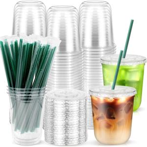 50PCS 12 oz Clear Plastic Cups with Lids and Dark Green Straws, Round Bottom Disposable To Go iced Coffee Cups, Small Bubble Tea Smoothie Cups for Drink Shops, Picnic, Takeout, Party, Office