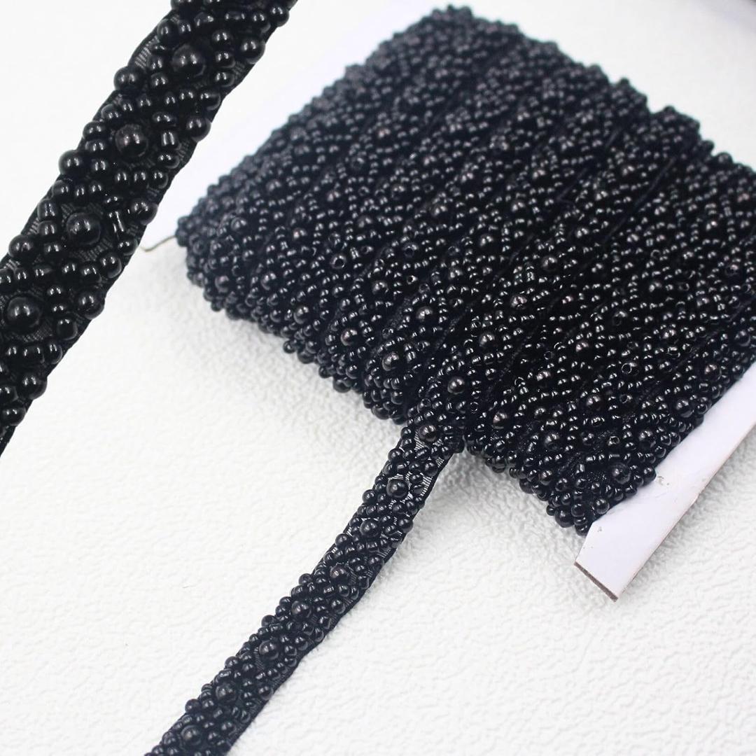 PEARLY JUN 5 Yards Pearl Beaded Trim Bead Lace Border White Edge Ribbon Strips for Sewing Wedding Dress Applique Bridal Straps Embellishments Decoration (Black Black, 5 Yards)