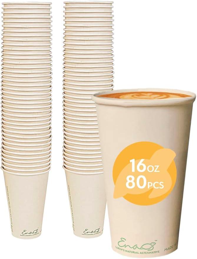 100% Compostable Disposable Coffee Cups [16oz 80 Pack] Paper Cups Made from Bamboo, Eco-Friendly, Biodegradable Premium Party Cups, Natural Unbleached by Earth's Natural Alternative