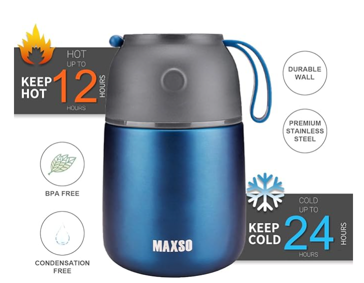 Insulated Thermo Food Jar for Hot & Cold Food for Kids Adult, 17 oz Soup Thermal Hot Food Containers for Lunch, Triple Layer Insulation Stainless Steel Food Jar with Spoon(Blue)