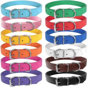 Pet Collars - Leather Small Dog Collars - 12 Color Adjustable ID Collar Identification Leather for Puppy Medium Large Breed Dogs - Neck 14~18 Inches