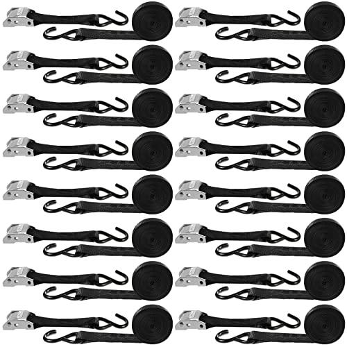 16 Pcs Cambuckle Tie Down Straps 1763lbs Break Strength Securing Straps 1'' x 15 ft Cambuckle Tie Downs with S Hook for Motorcycle, Kayak, Car, Truck, Boat Moving, Securing Cargo(Black)