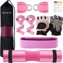 Barbell Pad Set,10 Pcs Barbell Pads for Hip Thrust Squat & Lunges Support,with 2 Workout Ankle Straps, 2 Gym Straps Weight Lifting, 2 Gym Gloves, Resistance Band, Olympic Bar Pad,Carry Bag (Pink)