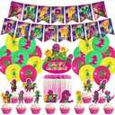Hanjiejie Barney and Friends birthday party supplies,Barney party including cake caps,cupcake caps,flags,Latex Balloons,It is very suitable for boy's and girl themed birthday party supplies.
