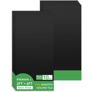STICKGOO Black Ceiling Tiles 2ft x 4ft, Smooth PVC Ceiling Panel - Waterproof, Fire-Rated, No Breakage - Decor Coverings 24 x 48in - 10 Pack Cover 80 Sq. Ft (10 Pack of 2ft x 4ft)