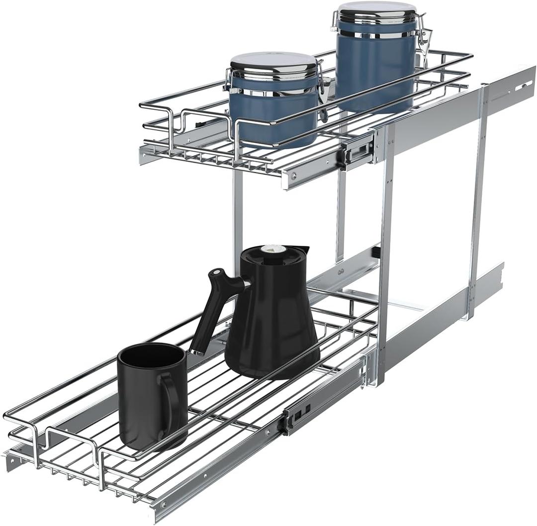 2 Tier Pull Out Cabinet Organizer, 9" W x 21" D Heavy-Duty Metal Sliding Drawer Shelf for Kitchen Cabinets, Chrome, Doesn't Include Door Fittings
