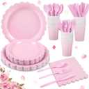 175 Pcs Pink Plates and Napkins, Pink Mothers Day Decorations Include Scalloped Birthday Plate Napkins Cups Plastic Cutlery Disposable Dinnerware for Wedding, Bridal Baby Shower