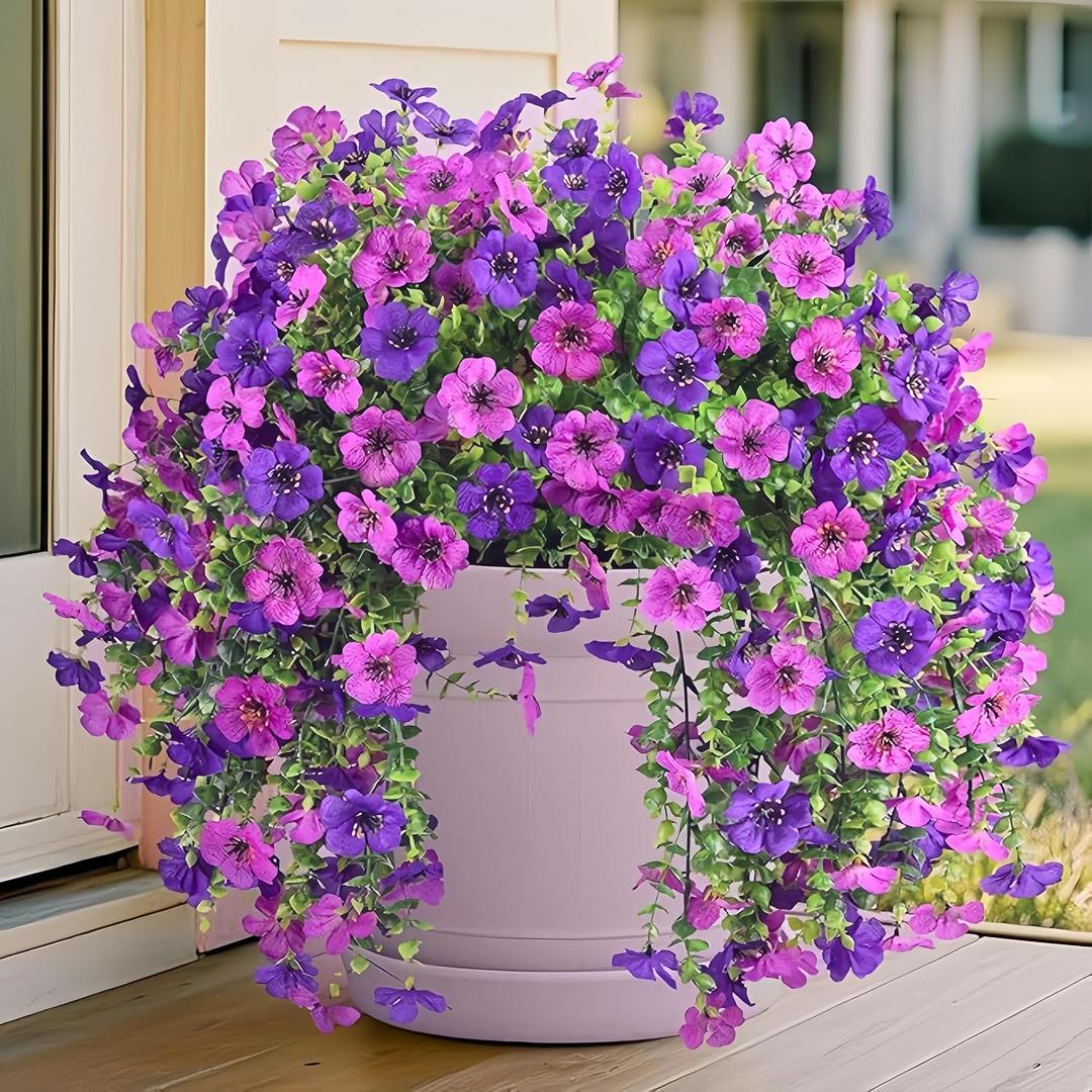 Artificial Hanging Flowers for Outdoors, 2 Pcs UV Resistant Purple Faux Plants for Balcony Porch Garden Planters, Realistic Plastic Hanging Floral Décor (Purple+Light Purple)