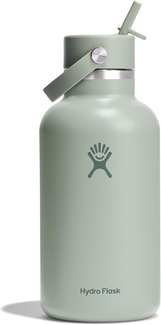 Hydro Flask Water Bottle - Insulated Stainless Steel - Wide Mouth Flex Straw Lid, Non Spill, Leakproof and Refillable in 64 Oz Tonal Agave