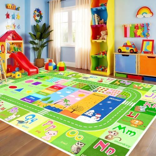 Alphabet Rugs for Kids Playroom - ABC Rug for Classroom with ABC Alphabet, Animals Colors, ABC Carpet for Children Playroom Cartoon Kids Play Mat for Bedroom Decor,Green,2.5x4 Feet