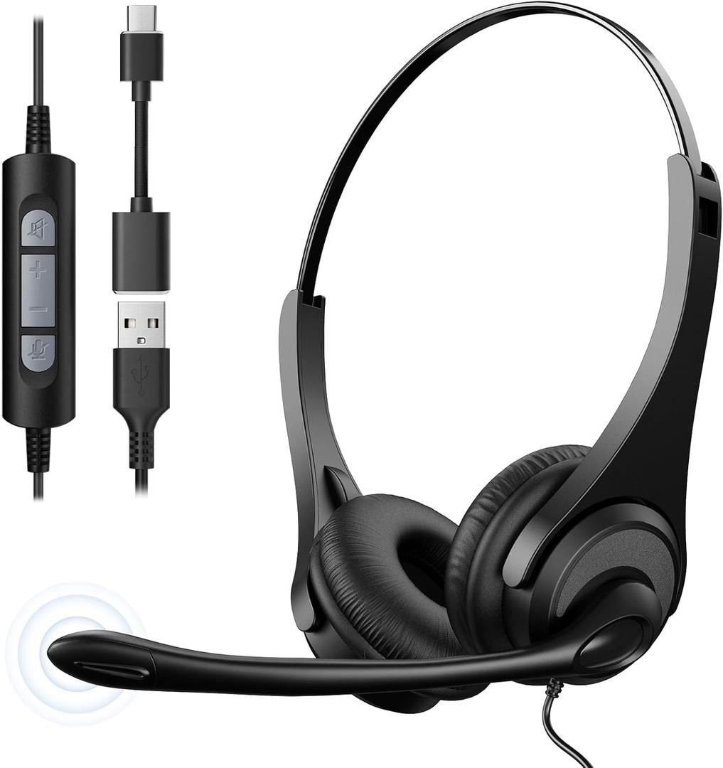 USB Headset with Microphone, Wired Headset for Laptop/PC with Noise Cancelling Mic, Stereo Headphones with in-Line Volume Control for Work, Office, Teams, Zoom, Skype, Online Class