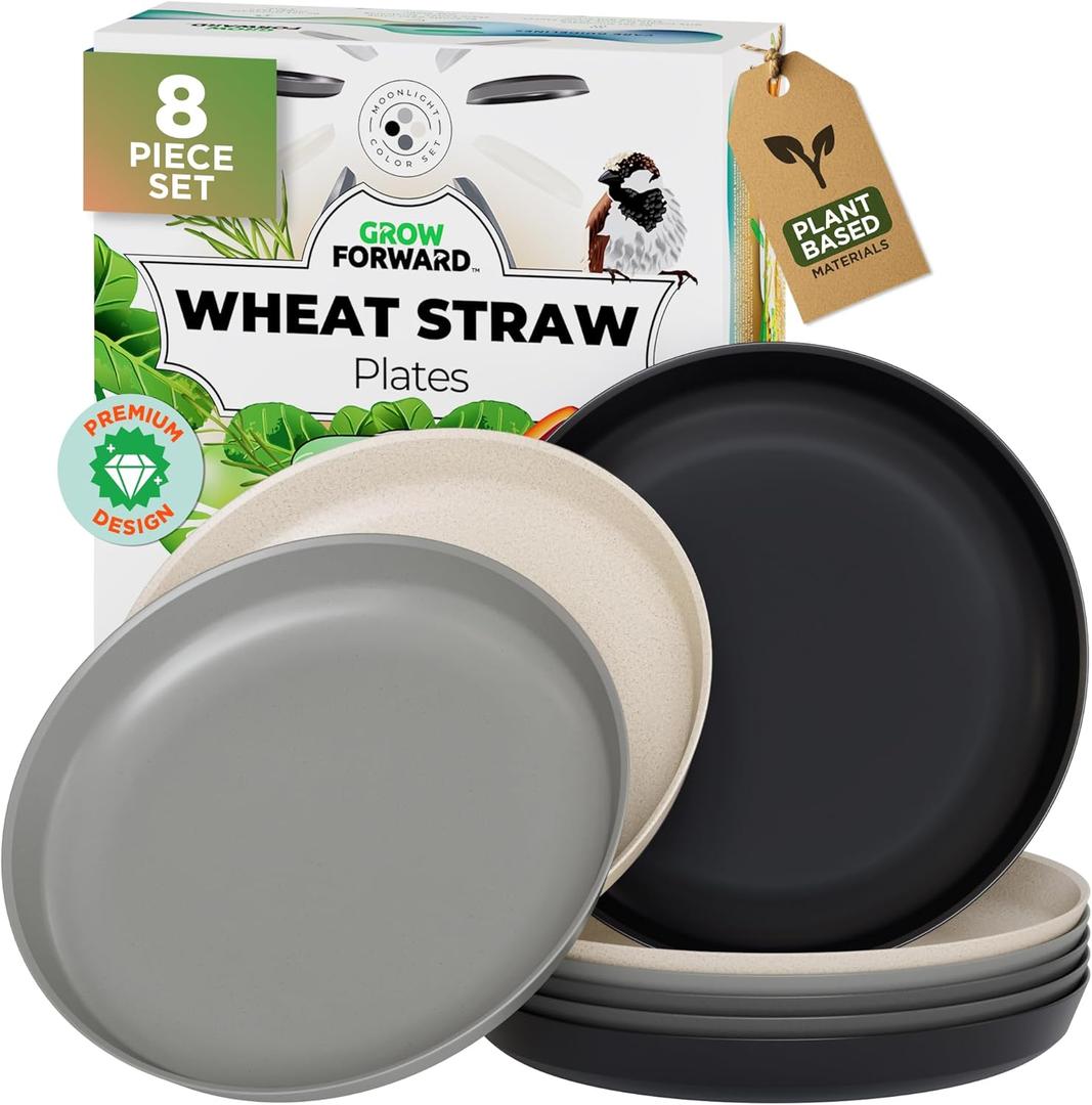Grow Forward Premium Wheat Straw Plates - 10 Inch Reusable Hard Plastic Dinner Plates Set of 8 - Unbreakable & Microwave Safe Dishes for Dessert, Camping, RV, Outdoors, Patio, Kitchen - Moonlight