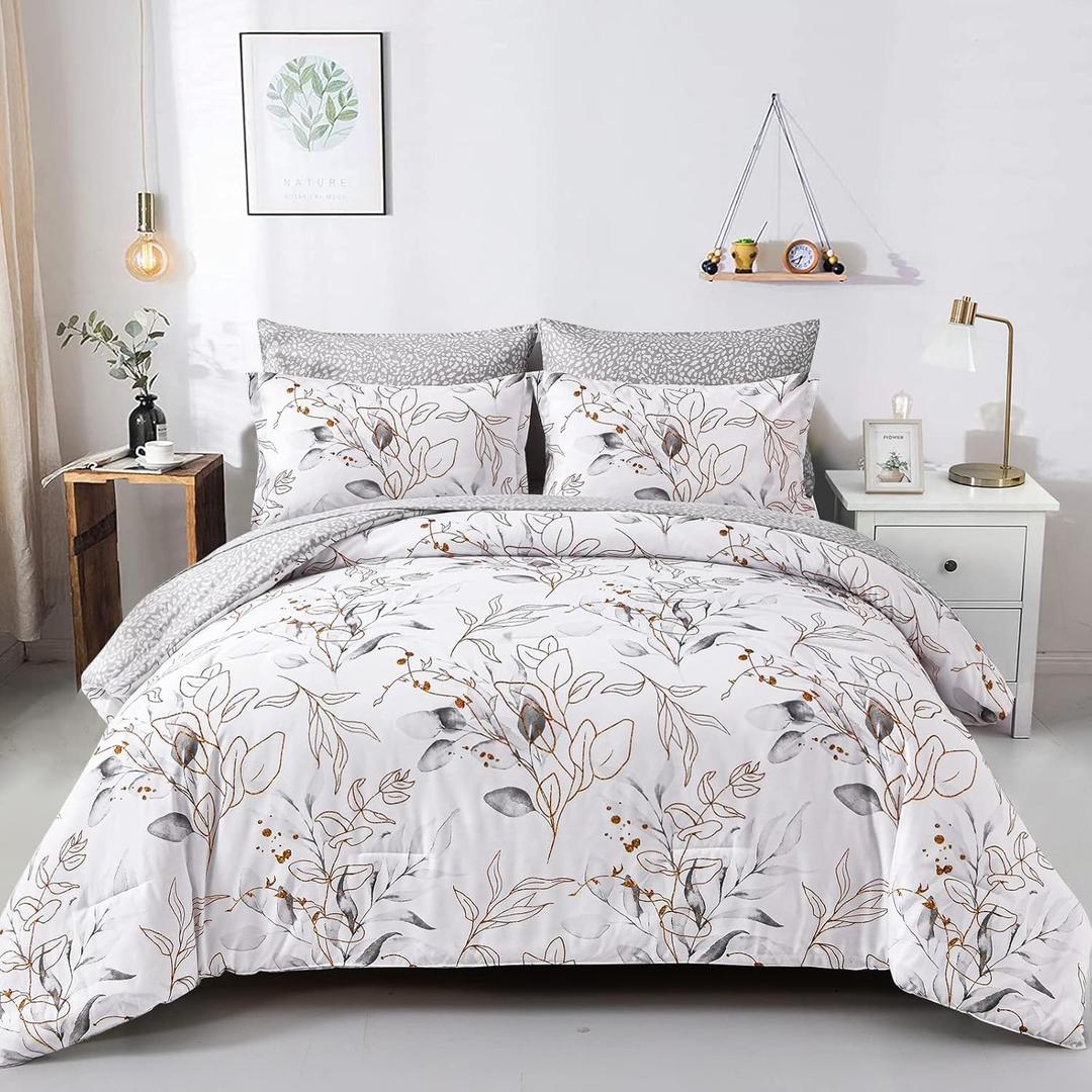 Grey 7 Pieces Grey Floral Comforter Set King, Botanical Bed in a Bag Reversible Golden Leaves Bedding Set Soft Microfiber King (1 Comforter,2 Pillowcase,2 Pillow Shames,1 Flat Sheet,1 Fitted Sheet)