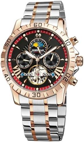 FORSINING Men Automatic Mechanical Watch, Luxury Tourbillon Moon Phase Self Winding Watch, Luminous Dial Week Date Dual Display Rose Gold Dress Wrist Watch