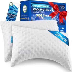 Side Sleeper Pillows for Neck & Shoulder Comfort - Ergonomic Curved Crescent Design, Adjustable Shredded Memory Foam, Cooling & Soft Cover, Extra Fill Included, King Size Pillows Set of 2