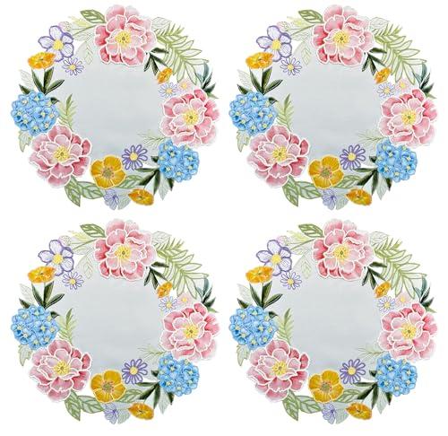 KEVA Floral Spring Placemats Set of 4, 15inch Round Flower Cutwork Embroidered Placemats Set, Easter Seasonal Spring Summer Table Decorations for Kitchen Dining Table (S/4-15 Round)