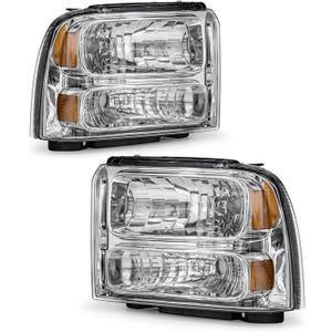 for 05 06 07 Ford F250 F350 F450 F550 Super Duty Headlight Assembly Compatible with with 2005 Ford Excursion Chrome Housing Headlamp Amber Reflector Left+Right Side(Bulbs not included)