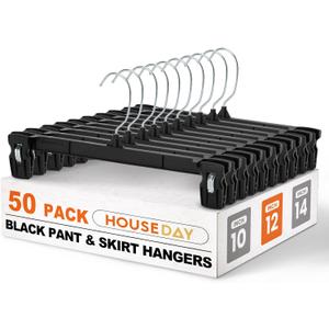 HOUSE DAY Black Pants Hangers 50 Pack, 12 Inch Skirt Hangers with Non-Slip Big Clips and 360 Swivel Hook, Heavy Duty Slim Plastic Pant Hanger, Space Saving Clip Hanger for Pants, Skirts, Shorts