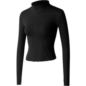 Gacaky Women's Slim Fit Lightweight Athletic Full Zip Stretchy Workout Running Track Jacket with Thumb Holes (Medium, Black)
