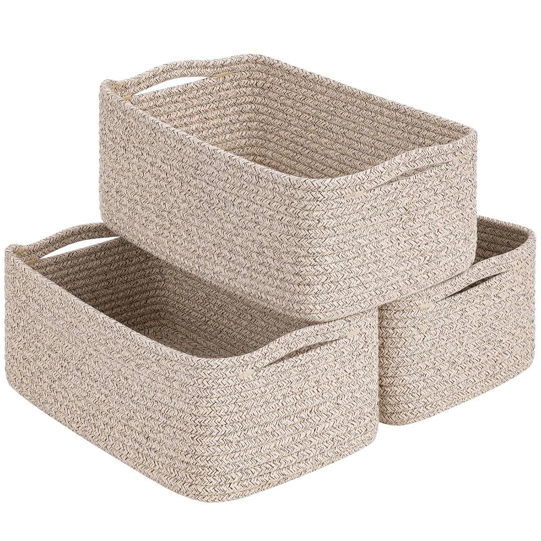 Goodpick Storage Baskets, 13 x 8 x 5 in, Closet Shelf Organizers for Gifts Empty Baskets for Shelves Dog Toy Basket Woven Baskets for Storage for Towels for Organizing 3 Pack, White & Brown
