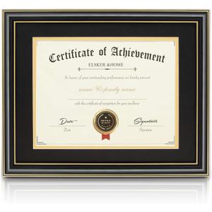 ELSKER&HOME Diploma Frames 11x14 with Mat- Solid Wood - Display 11x14 Document/Certificate with Mat or 15x18 without Mat - Wall Mount Display (Double Mat,Black Mat with Golden Rim)