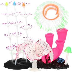Silicone Glowing Aquarium Decorations, Fluorescence Coral, Glowing Sea Anemone Decor, Glowing Sucker Coral for Aquarium Decor Purple Pink Green 1 Set