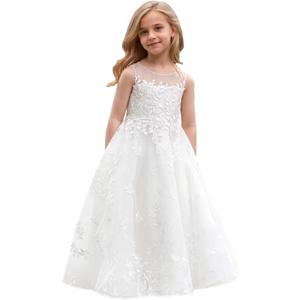 Tulle First Communion Dress Lace Appliques Flower Girl Dresses for Wedding Girls Pageant Ball Gown (8, White)