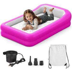 GloTika Inflatable Toddler Travel Bed, Portable Kids Air Mattress with Soft Bed Sheet, Toddler Air Mattress with Surround Safety Bumpers, Ideal for Home Use or Travel, Includes Pump and Carry Bag,Pink