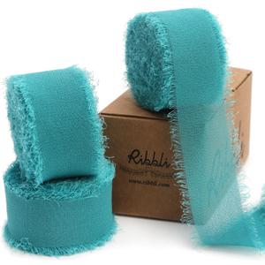 Ribbli Teal Ribbon 1 Inch x 3 Rolls Total 24 Yards Green Handmade Fringe Chiffon Silk Ribbon for Wrapping Wedding Invitations Bridal Bouquets DIY Crafts Home Decor