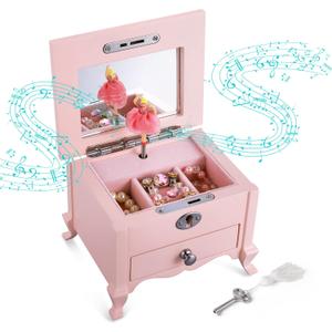 Ballerina Musical Jewelry Box with Mirror for GirlsPink Kid's Jewelry Storage Music Box,Children's Jewelry organizer Music Jewelry Chest,Good Gift for Holidays,Birthday and Friends