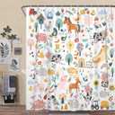 Boho Rustic Farm animals shower curtain, Colorful Kid Funny Cartoon Animal Boys Kids Shower Curtain for Bathroom, Funny Farmhouse Pig Cow Cat Set Fabric Bathroom Accessories Sets with Hooks, 70X70IN