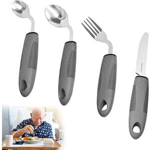 4Pcs Adaptive Utensils 45°Angled Parkinsons Utensils 3.5oz Adaptive Utensils for Elderly Weighted Utensils for Hand Tremors Eating Utensils for Disabled People for Disabled, Parkinson, Left-Handed