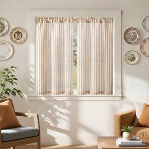Jinchan Striped Linen Kitchen Curtains 45 Inches Length Tier Curtains Farmhouse Modern Cafe Style Small Window Treatments Airy Light Filtering Rod Pocket for Living Room Bathroom 2 Panels Tan