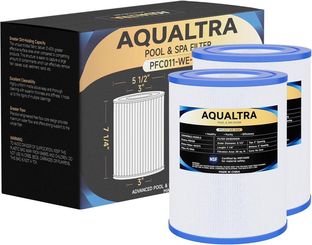 AQUALTRA Spa Filter Replacement for PDM28, Compatible with Dream Maker 461273, FC9944, FC-9944 Cartridges, SD-01392, 28 sq.ft. 5 1/2" x 7 1/4" Drop in Hot Tub Filter 2 Pack