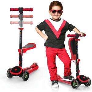 SKIDEE Kick Scooters for Kids Ages 3-5, Adjustable Height Foldable Scooter with Removable Seat, 3 LED Light Wheels, Rear Brake, Wide Standing Board, Suitable Up to 12 Year Old Boys/Girls (Red)