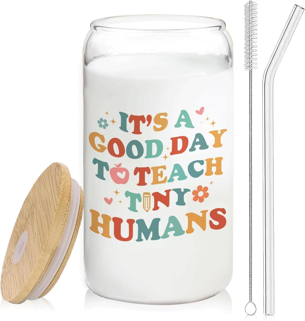 2 x Teacher Glass Cup with Lids and Straws 14oz, Back to School Teacher Gifts, Kindergarten Teachers Appreciation Gifts Glass Iced Coffee Tumbler Drinking Jars with Cleaning Brush