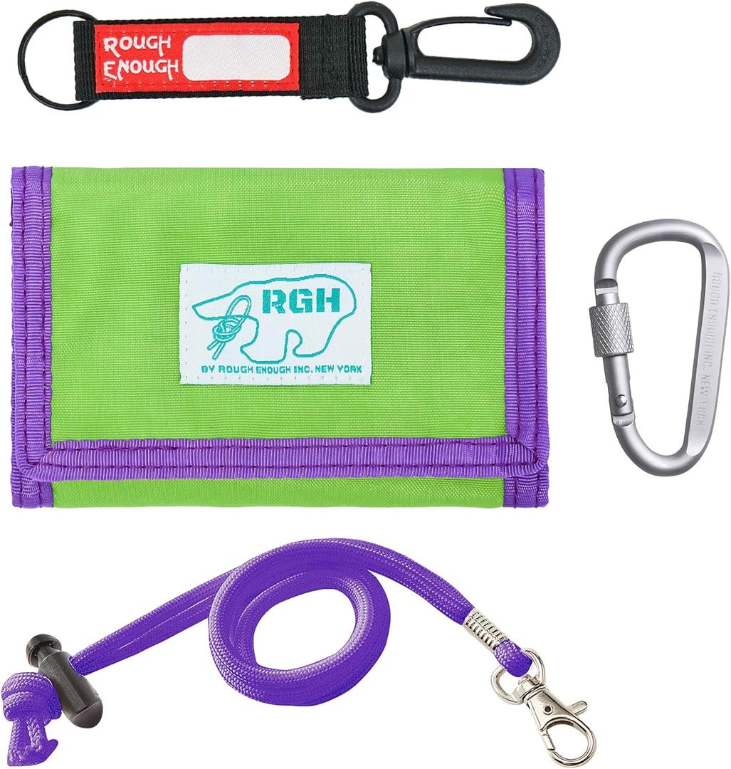 Rough Enough Kids Wallet for Boys Girls (Heavy Duty Nylon Wallet with Neck Lanyard Keychain for Travel Outdoor Activities Green Purple)