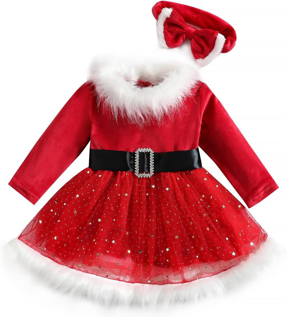 Toddler Baby Girl Christmas Dress - Long Sleeve Santa Claus Red Tulle Party Outfit for Girls (18-24 Months)