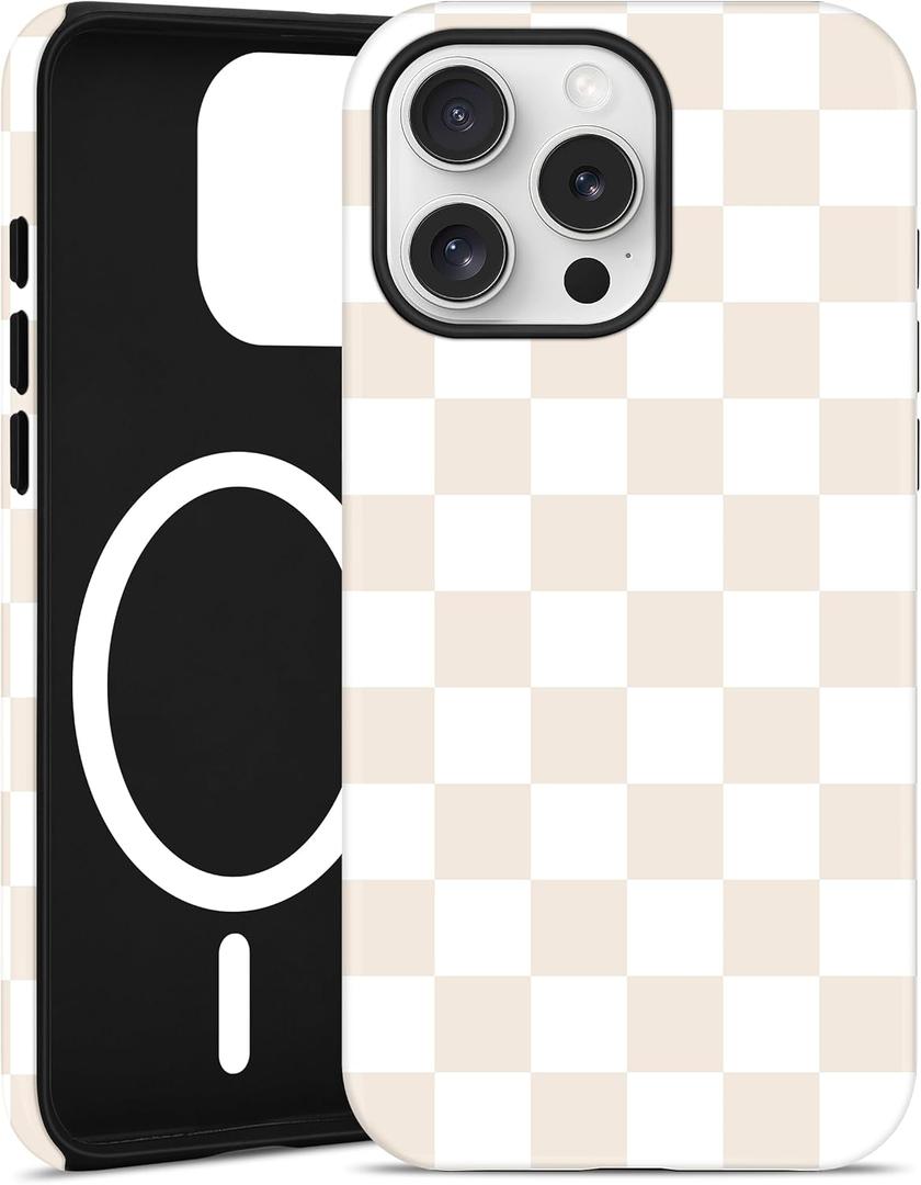 Compatible with MagSafe Checkered Phone Case for iPhone 13 Pro Max, Magnetic Cute Aesthetic Checkerboard Soft TPU and Hard PC Shockproof Protective Phone Cover for Women Girls-Beige