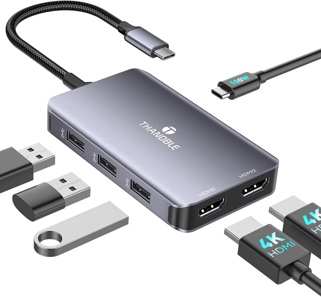 USB C to Dual HDMI Adapter, 6 in 1 Docking Station Dual Monitor, 3*USB-A Data Ports, 100W PD, HDMI Splitter Extended Display Laptop USB C Hub for MacBook, HP, Dell and More