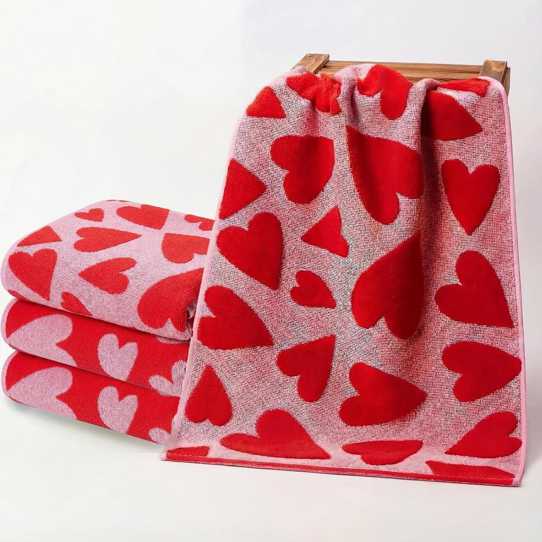 Peryiter 4 Pcs Valentines Day Hand Towels 3D Jacquard Red Heart Fingertip Towels for Bathroom 100% Cotton Soft Kitchen Decorative Set for Valentine Gift Bath Decorations (15.7'' x 26.7'') (Love)