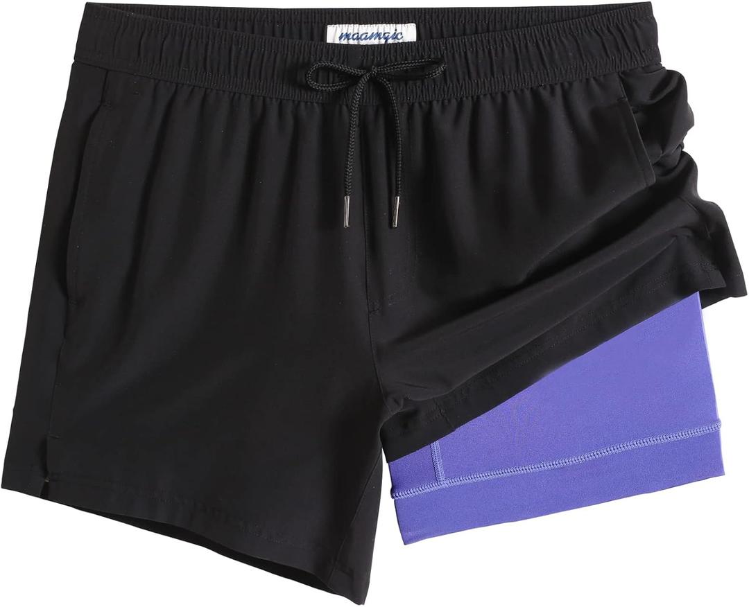 maamgic Mens 5 Inch Stretch Swimming Shorts Compression Liner Swim Trunks Swimwear Bathing Suits Beach Wear Swim Suits (Black, S)