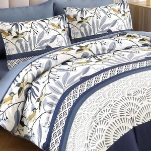 Dintszyayue Queen Comforter Set, 7 Pieces Blue Boho Comforter for Queen Bed, Leaves Botanical Bed in a Bag, Soft Microfiber Bird Bedding Set with Pillowcases, Flat Sheet, Fitted Sheet, Pillow Shams