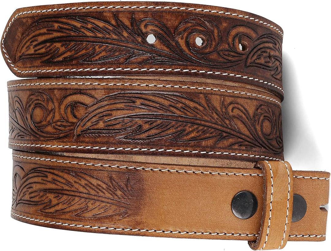 F&L CLASSIC Western Belt without buckle for men  Full Grain Leather Cowboy Belts for jeans - One Piece Leather strap belt (34 (Fits Waist 32"-33"), Tan/Dark Borwn 06)