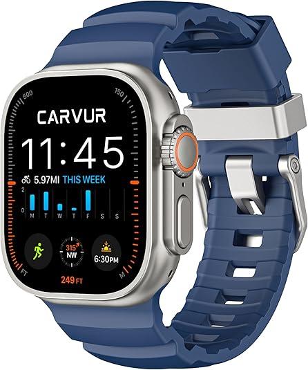 CARVUR FKM Watch Band F10  Premium Rubber Strap for Apple Watch  Trail & Sport Band  Lightweight, Rugged, Sweat & Water Resistant Wristband (Cobalt | Silver Hardware)
