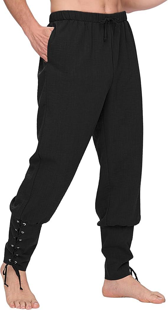 Spooktacular Creations Mens Ankle Banded Pirate Renaissance Pants Costume, Medieval Viking Pants With Pocket for Halloween
 (Black, L)
