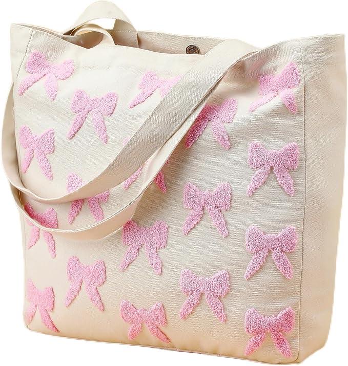 Aliceset Aesthetic Embroidery Tote Bag for Women Floral Reusable Canvas Cute Shoulder Bag for Gym Shopping