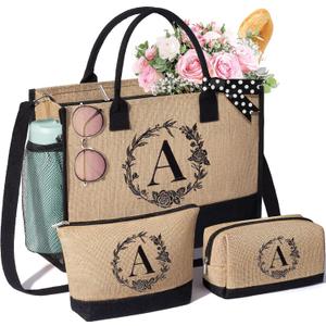 Personalized Christmas Gifts for Women Tote Bag, Initial Jute Tote Bag & Makeup Bags Monogrammed Beach Bag w/Zipper, Holiday Birthday Gifts for Women Her Friend Mom Daughter Sister Girlfriend Teacher