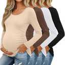 Ficerd 4 Pack Women's Maternity Shirts Long Sleeve Side Ruched Tops Crew Neck Fall Pregnancy T-Shirts Casual Mama Clothes Size M